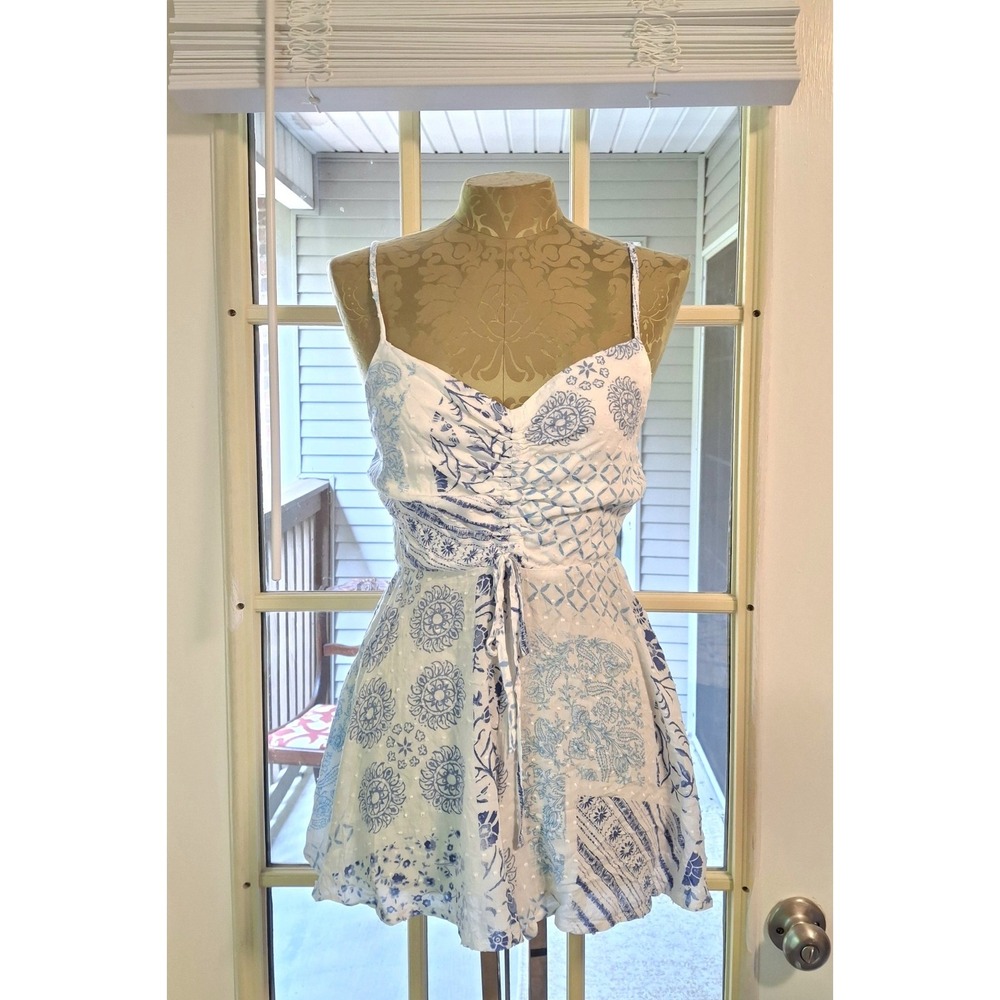 BNDI White Blue Patchwork Bandana Print Romper Size Small Summer Beach Brunch